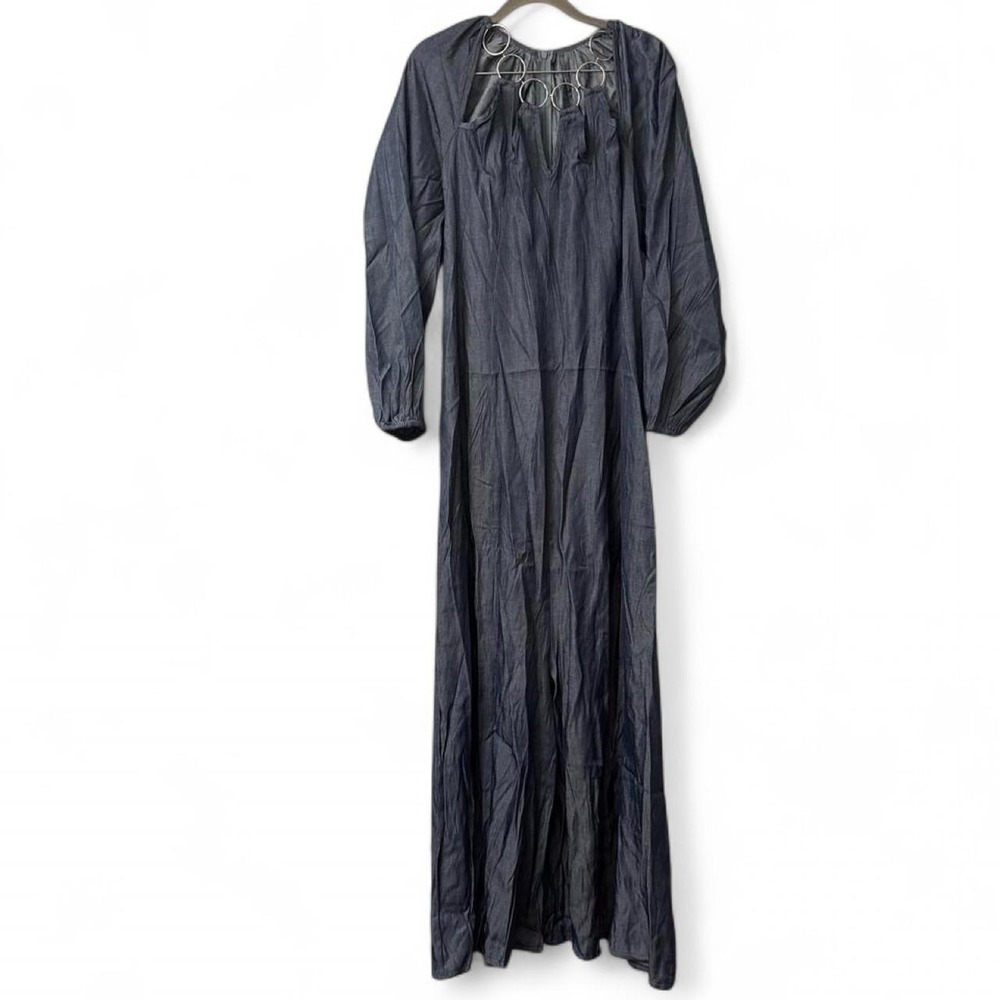 Women's Blue Maxi Pants Jumpsuit with Puffy Sleeves and Silver Hoop Nexk